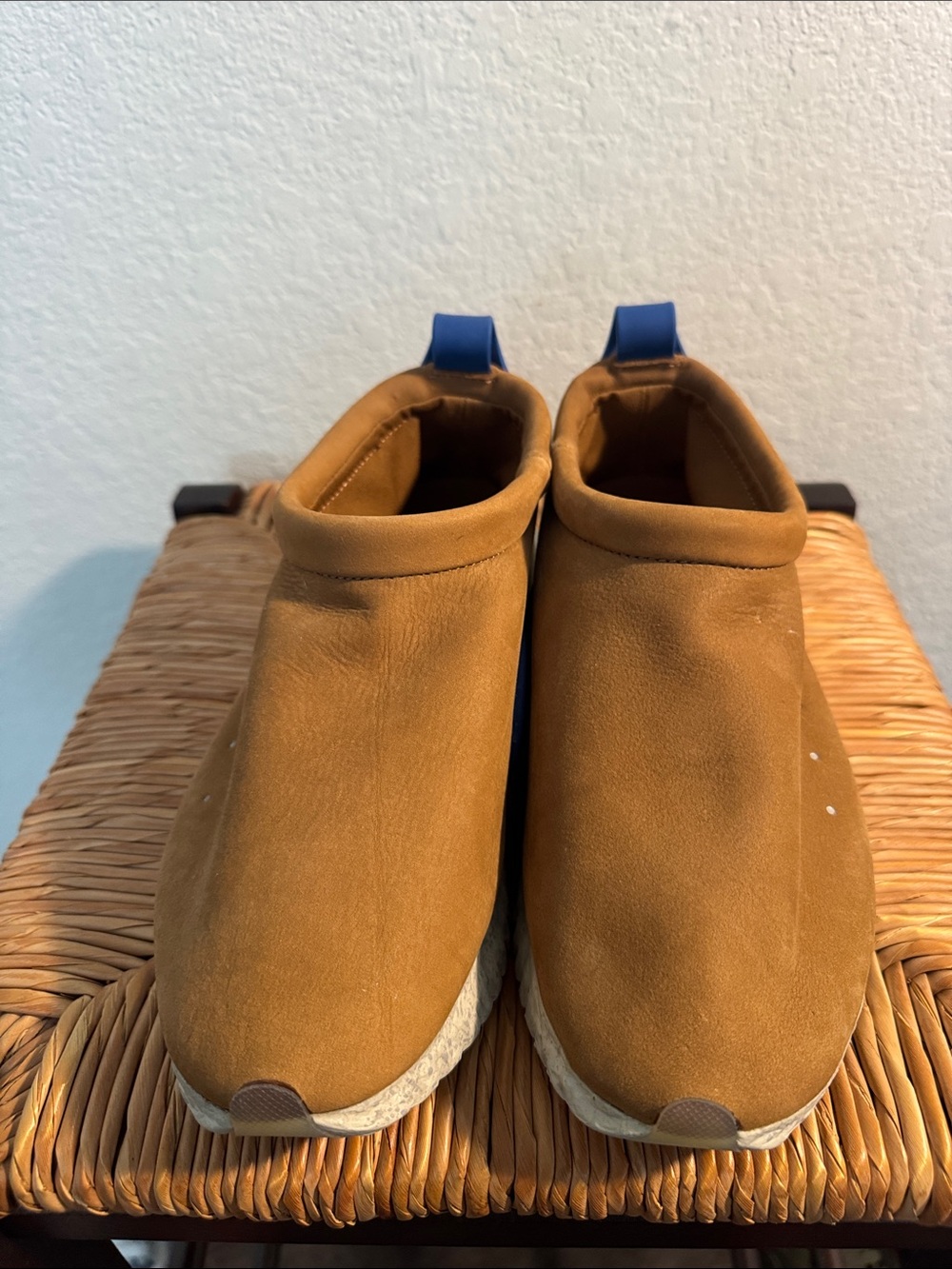 Nike Tan Slip-On Sneakers with Blue Heel Tabs